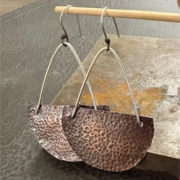 Sterling And Hammered Copper Hook Earrings Half Crescent Moon Handcrafted - Picture 4 of 6